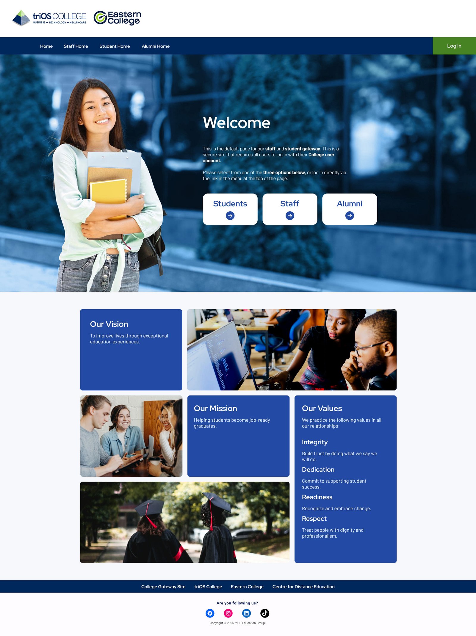 triOS and Eastern College Gateway full landing page interface design