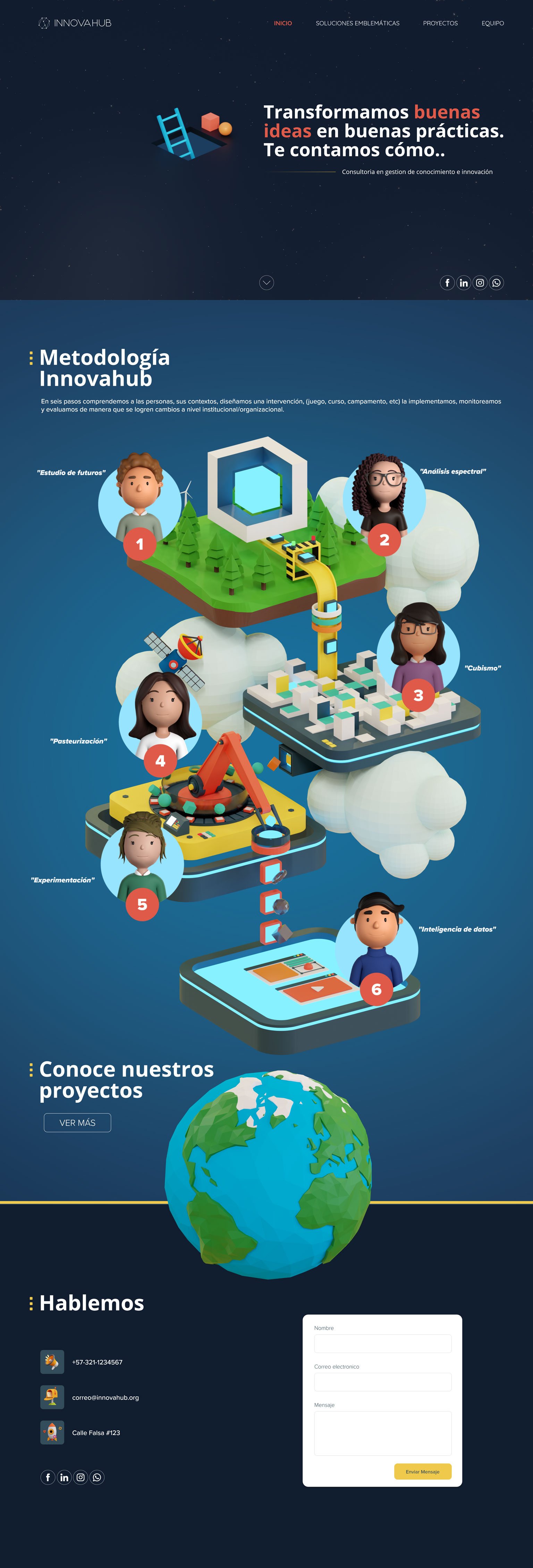Innovahub Colombia complete homepage web design and 3D methodology illustration