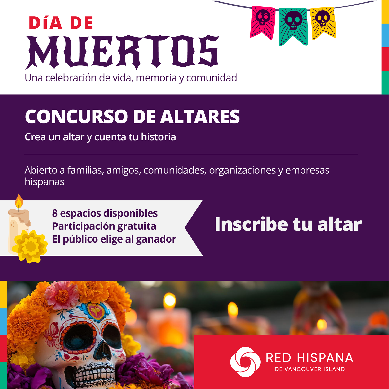Dia de Muertos altar contest banner design for Red Hispana de Vancouver Island