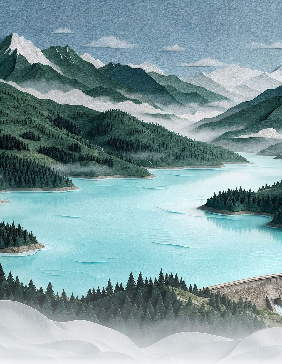 Paper-cut illustration of a turquoise mountain reservoir, the opening of the Lake to Tap explainer