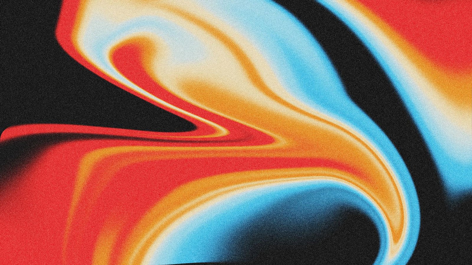 Abstract swirl of red, orange and blue liquid gradients with film grain